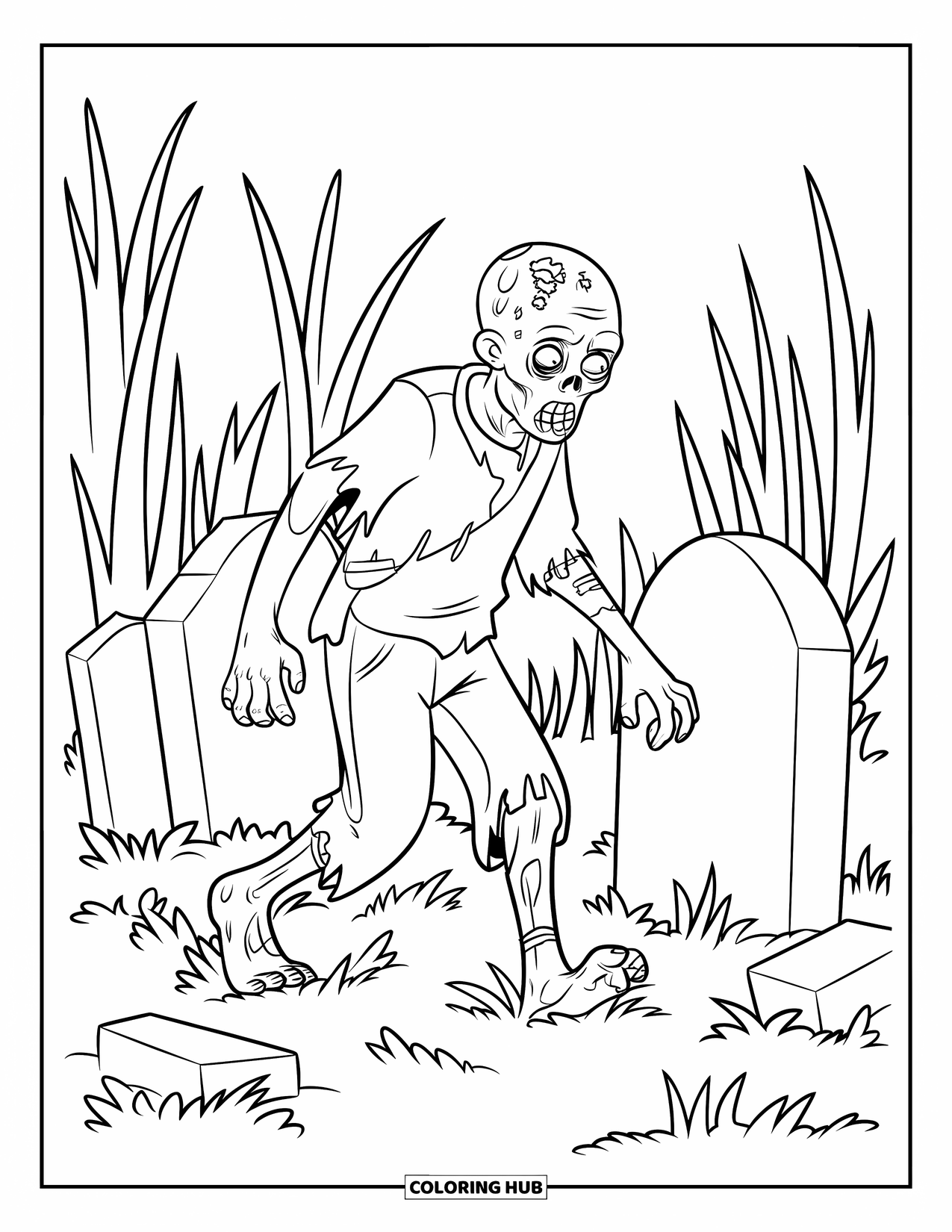 Zombie Coloring Page for Kids: Zombie with torn clothes struggles through tall grass near broken headstones