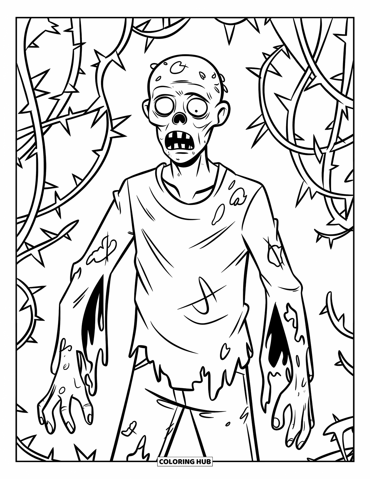Zombie Coloring Page for Kids: Zombie with torn shirt and long sleeves stands among vines with sharp thorns