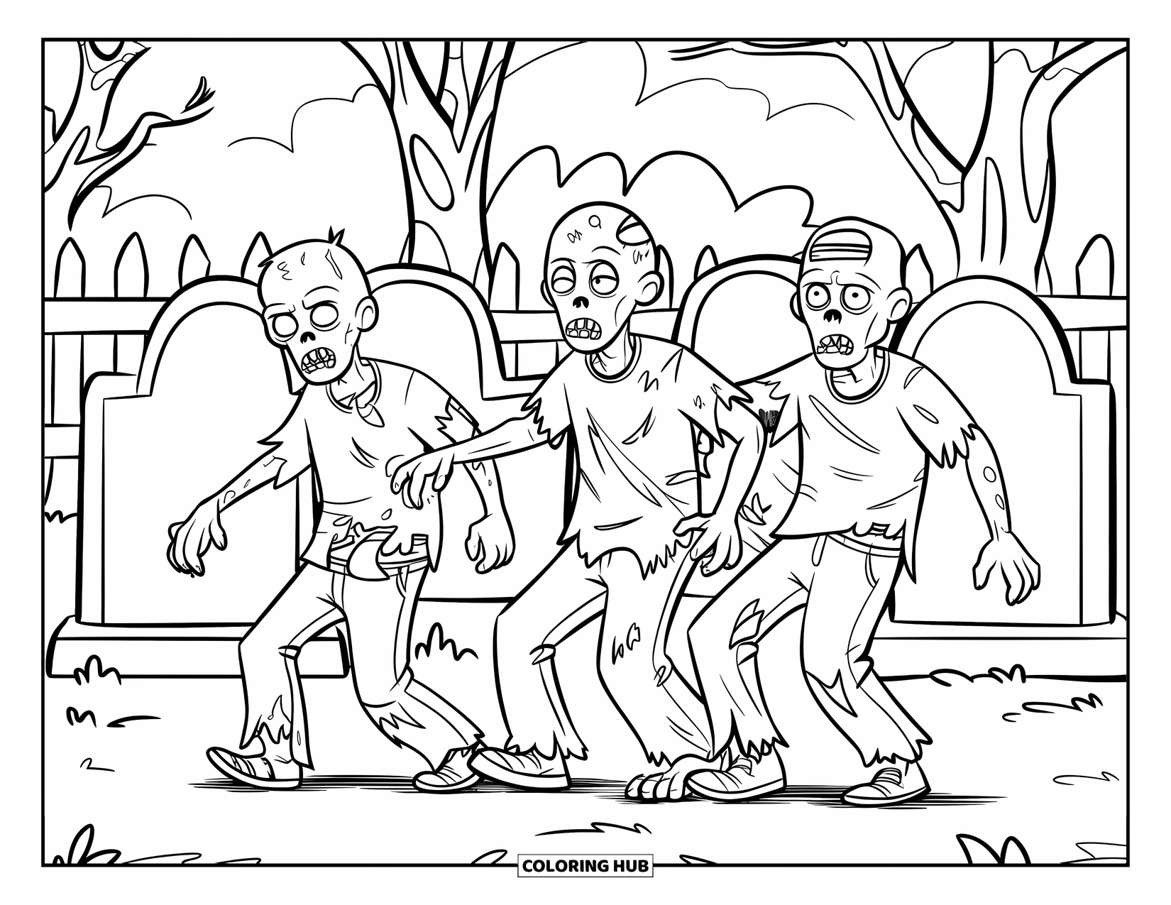 Zombie Coloring Page for Kids: Zombies in tattered clothes do the conga near trees and tombstones