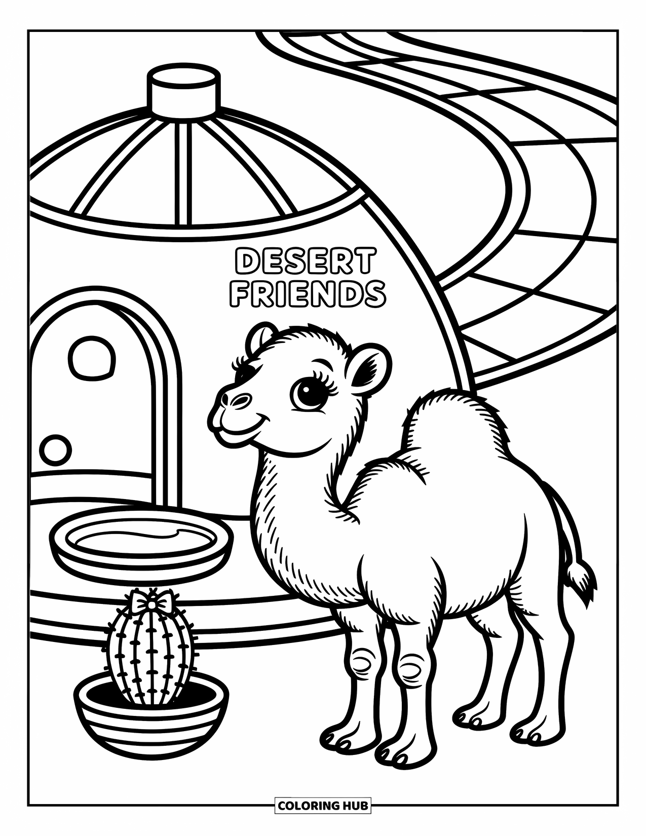 Zoo Coloring Page for Adults: A baby camel stands beside a Desert Friends dome with a cactus and curvy zoo walkway