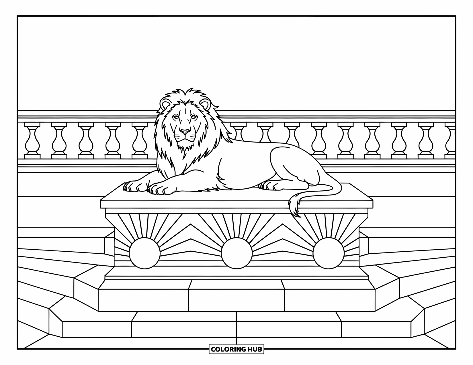 Zoo Coloring Page for Adults: A calm lion lounges on a decorated platform with swirling lines and elegant details