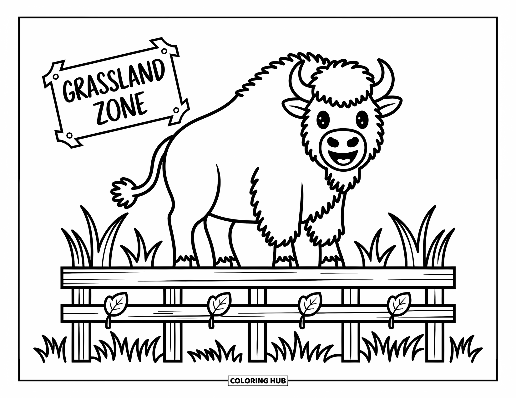 Zoo Coloring Page for Adults: A cheerful bison poses on a raised platform above leaf-shaped zoo signs and grass tufts