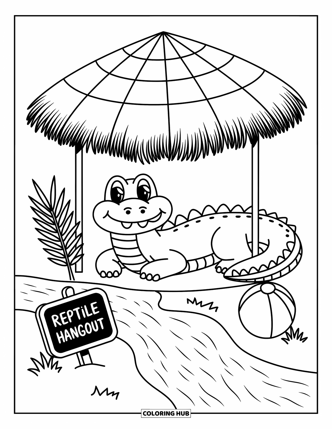 Zoo Coloring Page for Adults: A cozy crocodile rests near water with a beach ball, palm fan, and chalkboard sign