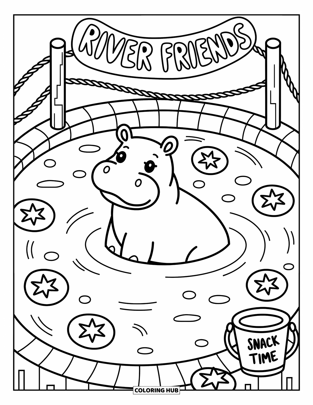 Zoo Coloring Page for Adults: A cozy hippo floats in a bubbly pond surrounded by stars and a rope fence