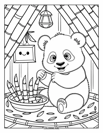 Tegning af zoo til voksne: En nysgerrig panda holder bambus inde i en hytte med en snackbakke og en hængende lanterne