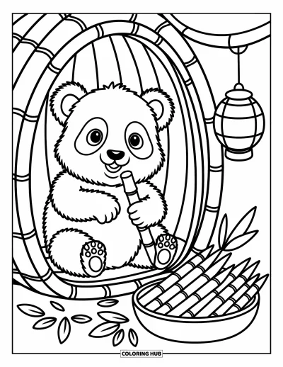 Tegning af zoo til voksne: En nysgerrig panda sidder i en bambushytte med snacks, blade, en lanterne og et dyrepasserskilt