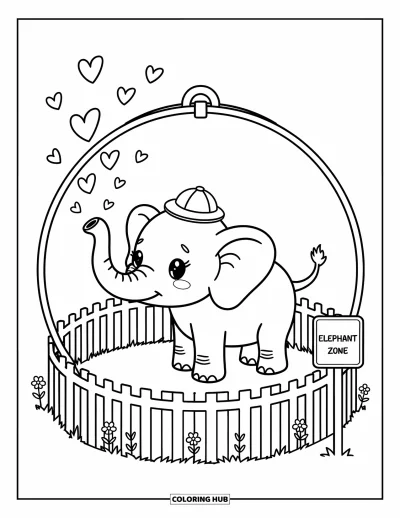 Tegning af zoo til voksne: En blid elefant sprøjter hjerter fra sin snabel inde i en rund indhegning med blomster og et skilt