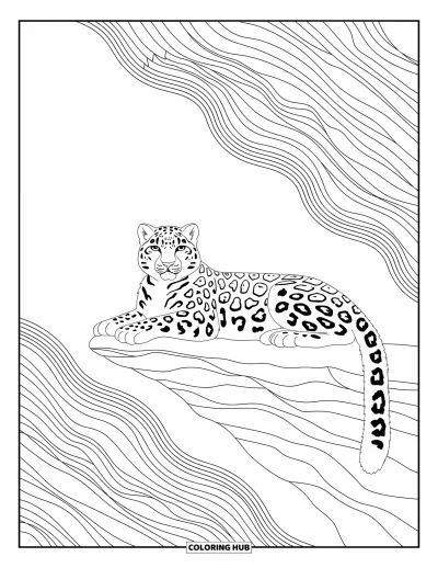 Tegning af zoo til voksne: En yndefuld sneleopard ligger på klipper med elegante bjergmønstre i baggrunden