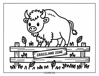 Tegning af zoo til voksne: En glad bison står rank på en zooplatform med bladskilte og græstotter, der titter frem