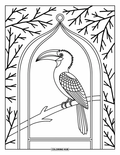 Tegning af zoo til voksne: En næsehornsfugl sidder inde i en kuppelvoliere med geometriske mønstre og fine grene