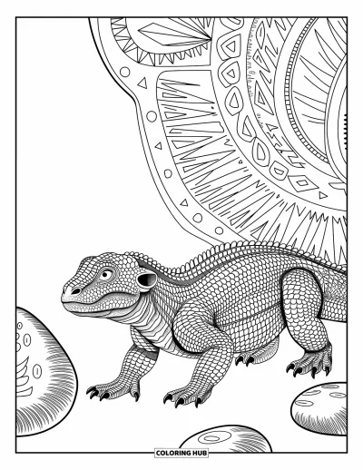 Tegning af zoo til voksne: En komodovaran bevæger sig forbi dekorative sten fyldt med stammemønstre og indviklede designs