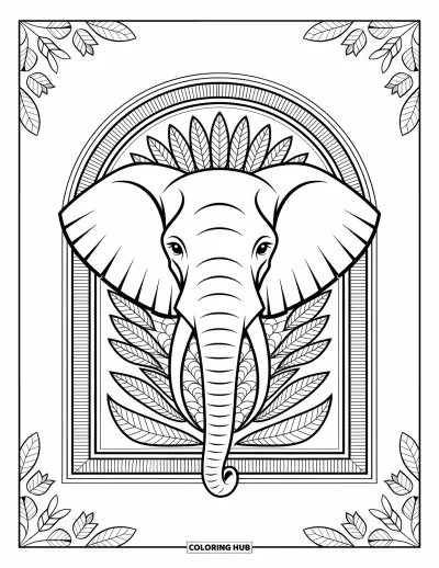 Tegning af zoo til voksne: Et mandala-elefanthoved er omgivet af zoobuer og mønstrede blade