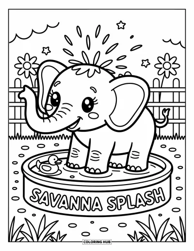 Tegning af zoo til voksne: En legesyg elefant nyder et plask i Savanna Splash-zonen nær en badeand