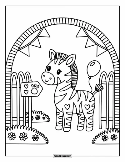 Tegning af zoo til voksne: En legesyg zebra med hjerteformede pletter står nær flag, blomster og en lille ballon