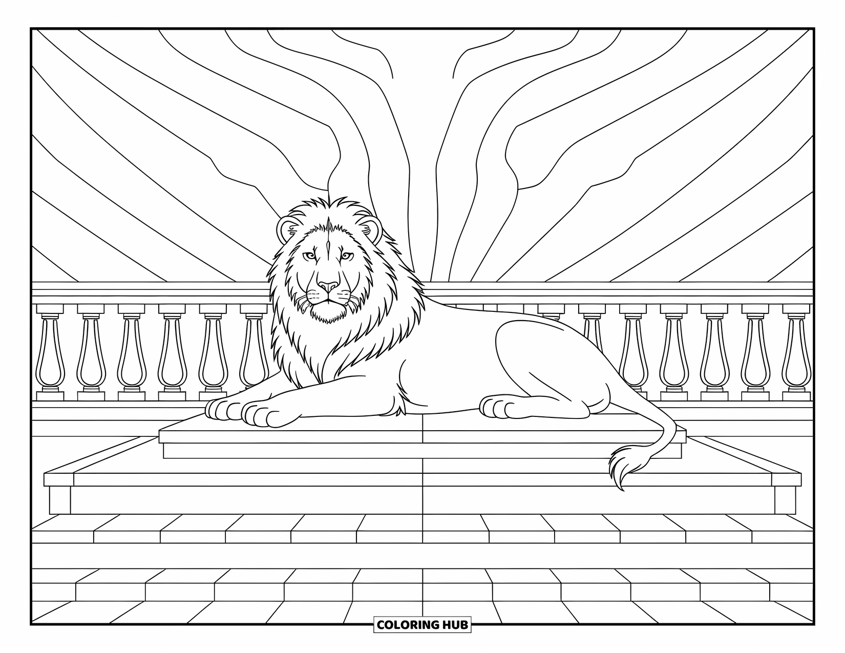 Zoo Coloring Page for Adults: A regal lion rests on a stone platform surrounded by sunburst lines and ornate railings