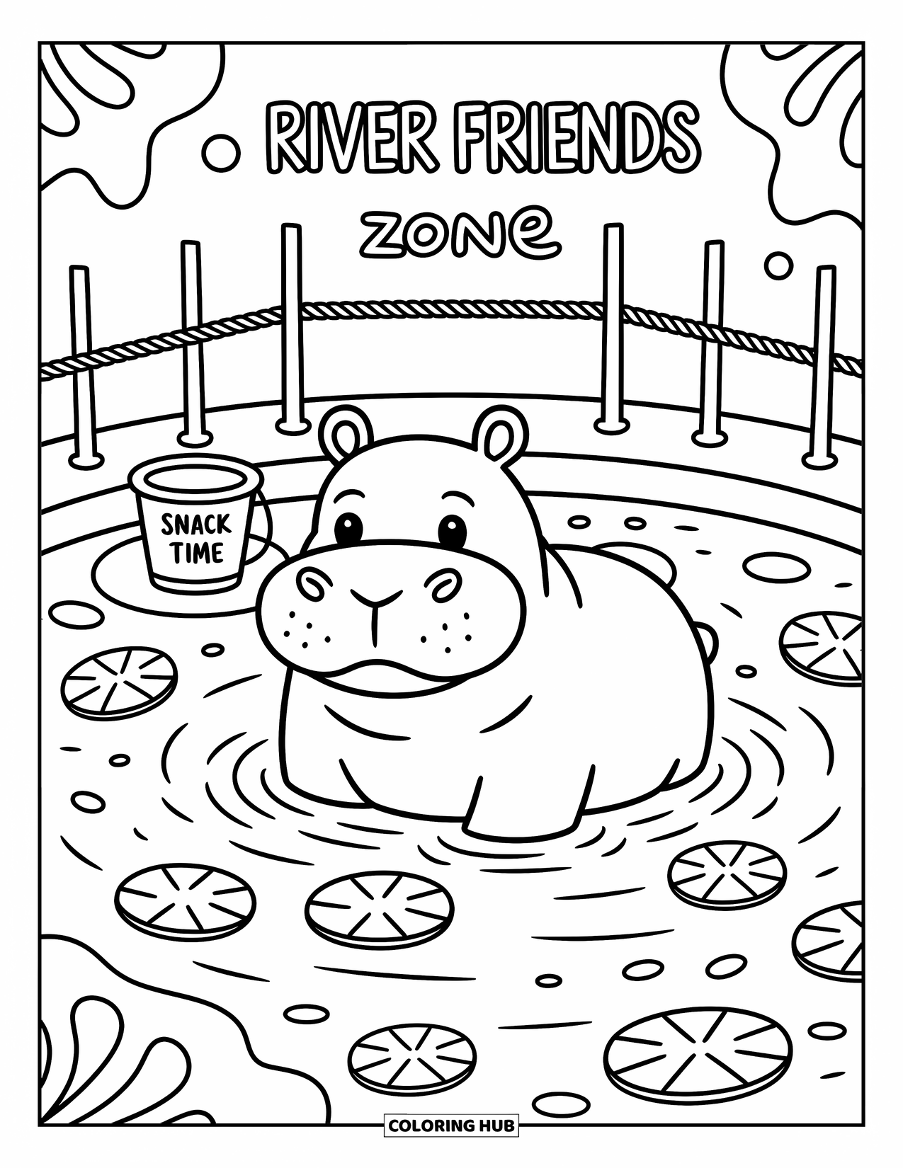 Zoo Coloring Page for Adults: A smiling hippo lounges in water with floating lily pads and a snack bucket nearby