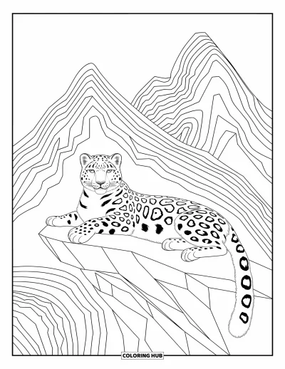 Tegning af zoo til voksne: En sneleopard hviler fredeligt oven på ru klipper indrammet af snoede bjerglinjer