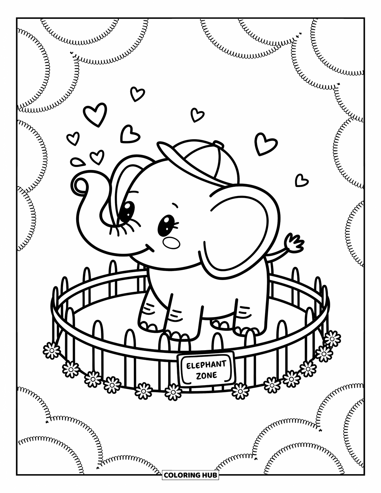 Zoo Coloring Page for Adults: A sweet elephant wearing a cap sprays heart water splashes near flowers and an Elephant Zone sign