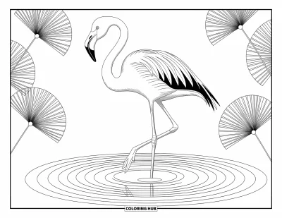 Tegning af zoo til voksne: En høj flamingo vandrer gennem krusende vand og dekorative siv i en fredelig scene