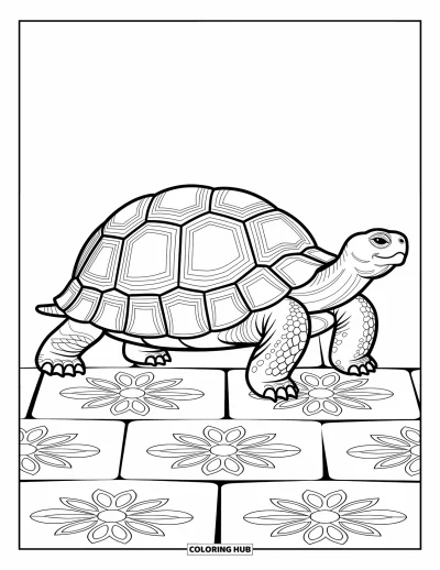 Tegning af zoo til voksne: En skildpadde bevæger sig langsomt ad en sti fyldt med detaljerede blomster og geometriske mønstre