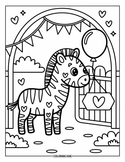 Tegning af zoo til voksne: En zebra kigger på en ballon nær blomsterbuske, flag og et hovformet skilt