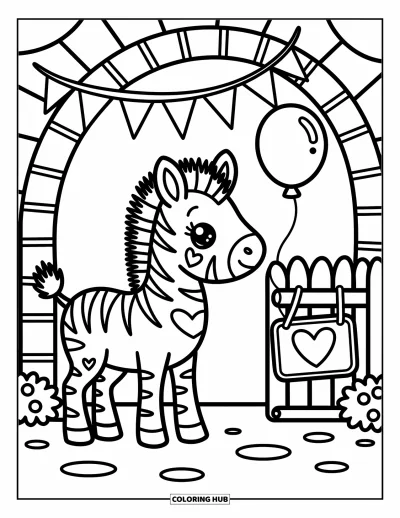 Tegning af zoo til voksne: En zebra med hjertepletter står ved en zoobue, en ballon, blomster og et hovformet skilt