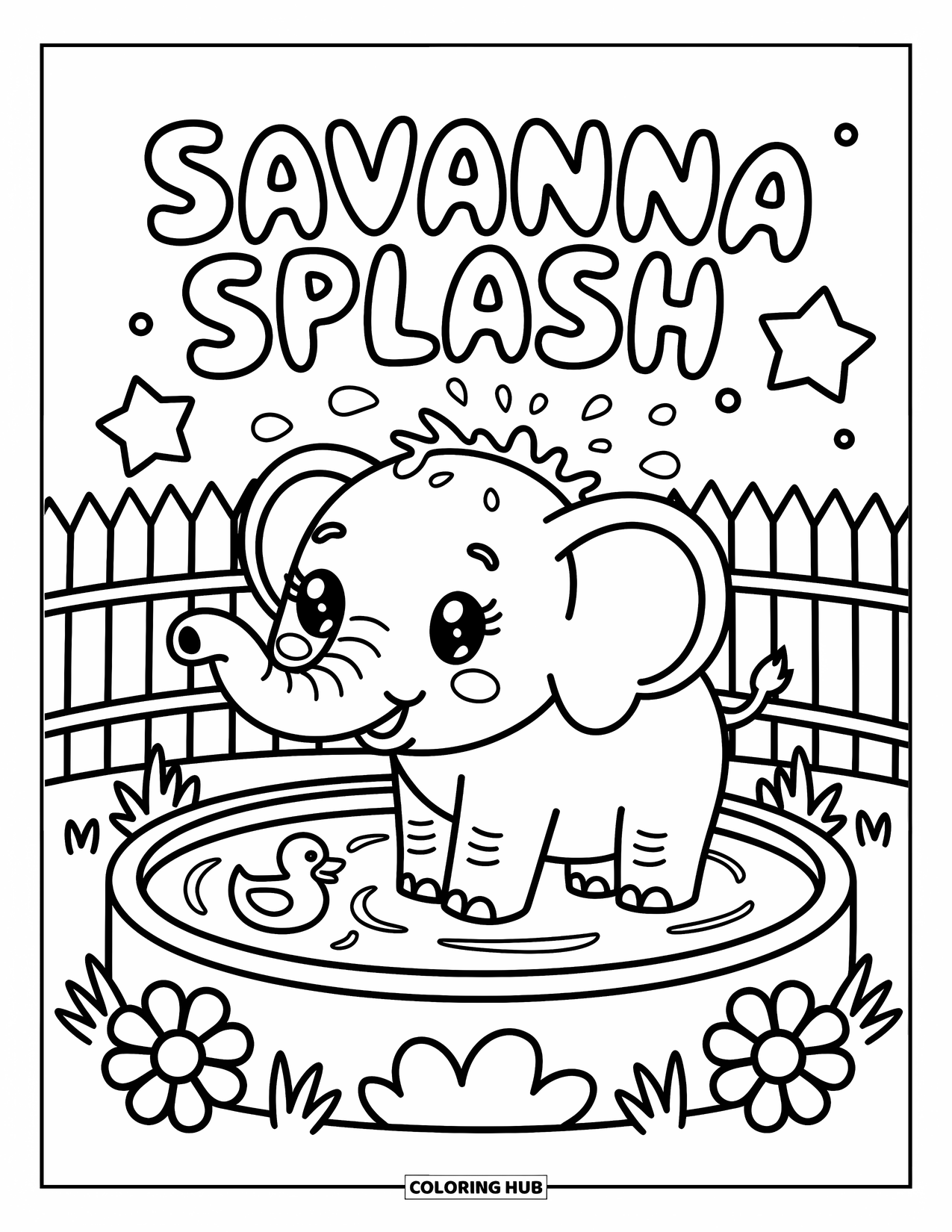 Zoo Coloring Page for Adults: An adorable elephant splashes water in a zoo pool with a rubber duck nearby