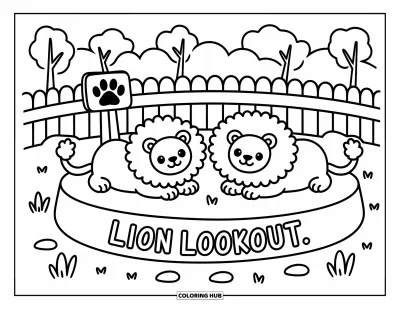Tegning af zoo til voksne: To søde løver hviler på Lion Lookout nær træer, klipper og et lille poteskilt