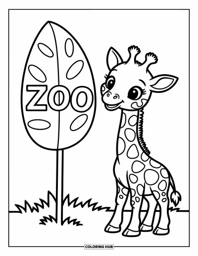 Tegning af zoo til børn: En babygiraf står ved et bladformet zooskilt med et sødt lille smil