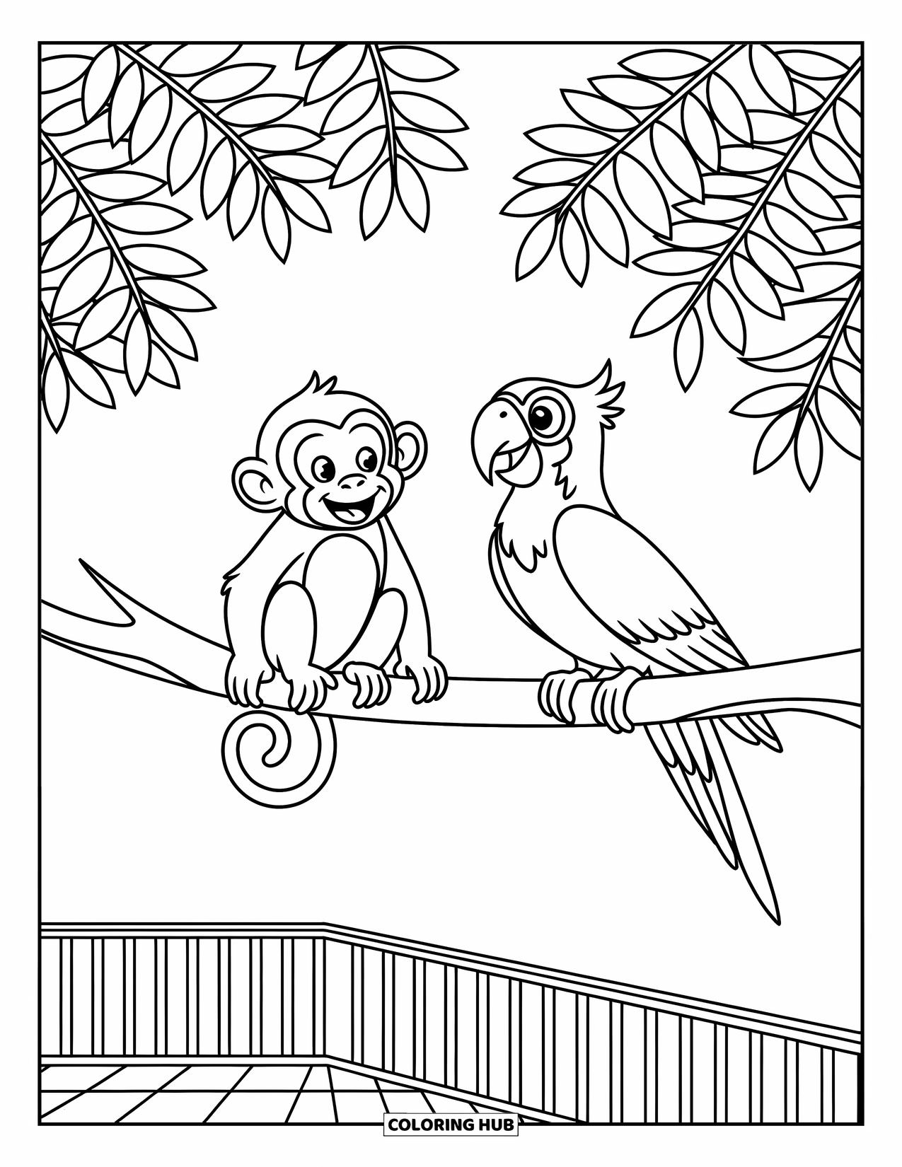 Zoo Coloring Page for Kids: A cheerful monkey and parrot share a branch surrounded by playful leaves and crisp lines