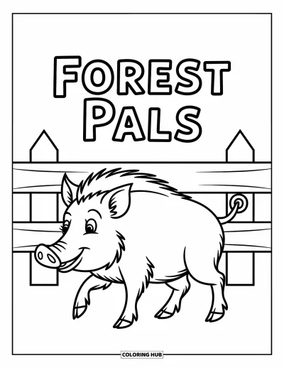 Tegning af zoo til børn: Et muntert vildsvin går nær et Forest Pals-skilt med sjove skovelementer rundt om