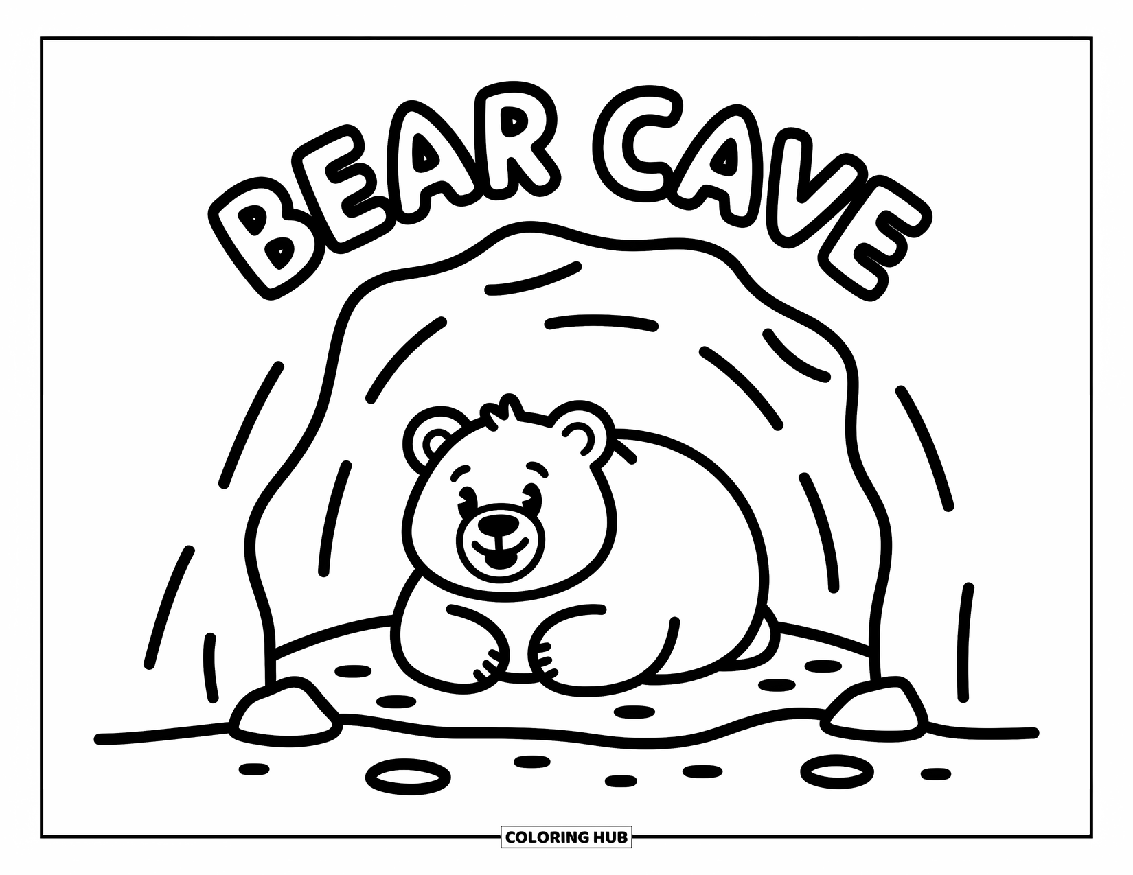 Zoo Coloring Page for Kids: A chubby bear sits inside a rocky cave with a big happy grin