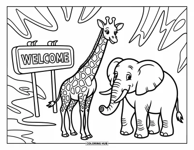 Tegning af zoo til børn: En venlig giraf og en elefant står side om side ved et sjovt zooskilt