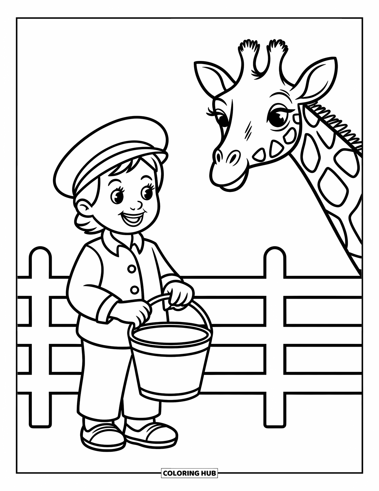 Zoo Coloring Page for Kids: A friendly zookeeper feeds a giraffe near a fence with simple trees in the background