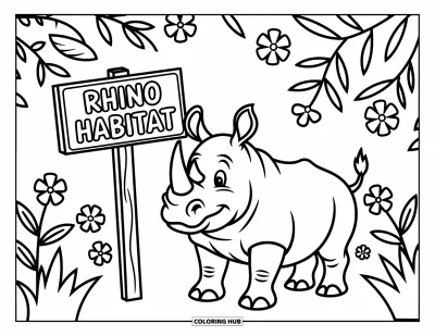 Tegning af zoo til børn: Et venligt næsehorn holder øje ved en Rhino Habitat-pæl med legesyge planter i nærheden