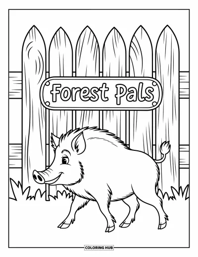 Tegning af zoo til børn: Et venligt vildsvin går ved siden af et Forest Pals-hegn og finurligt skovløv