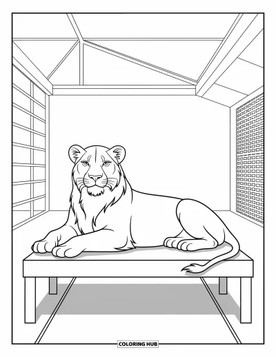Tegning af zoo til børn: En løve hviler elegant på en platform omgivet af slanke tremmer og moderne detaljer
