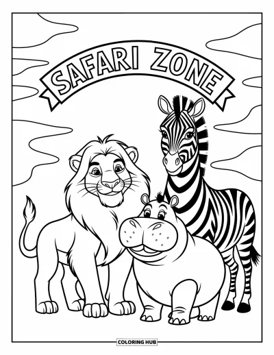 Tegning af zoo til børn: En løve, en zebra og en flodhest samles legesygt under en Safari Zone-bue i tydelige konturer