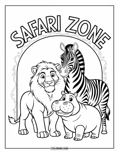 Tegning af zoo til børn: En løve, en zebra og en flodhest står stolt under en Safari Zone-bue med charmerende mønstre