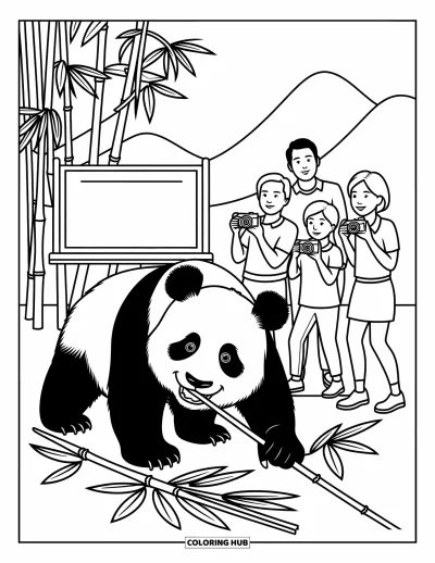Tegning af zoo til børn: En panda tygger bambus, mens en legesyg familie tager billeder i nærheden