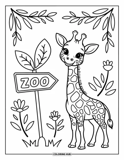 Tegning af zoo til børn: En legesyg babygiraf står ved et bladskilt med blomster og blade rundt om