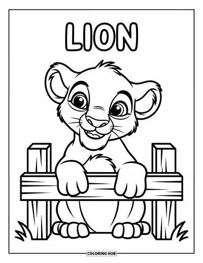 Tegning af zoo til børn: En legesyg unge kigger over et hegn med Lion skrevet over sit lodne hoved