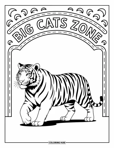 Tegning af zoo til børn: En stolt tiger skrider frem nær en legesyg Big Cats Zone-bue fyldt med charmerende detaljer