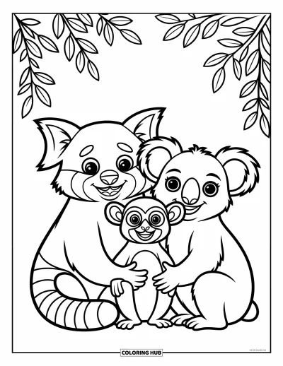 Tegning af zoo til børn: En rød panda, en lemur og en koala sidder glad sammen i en løvrig, charmerende krog