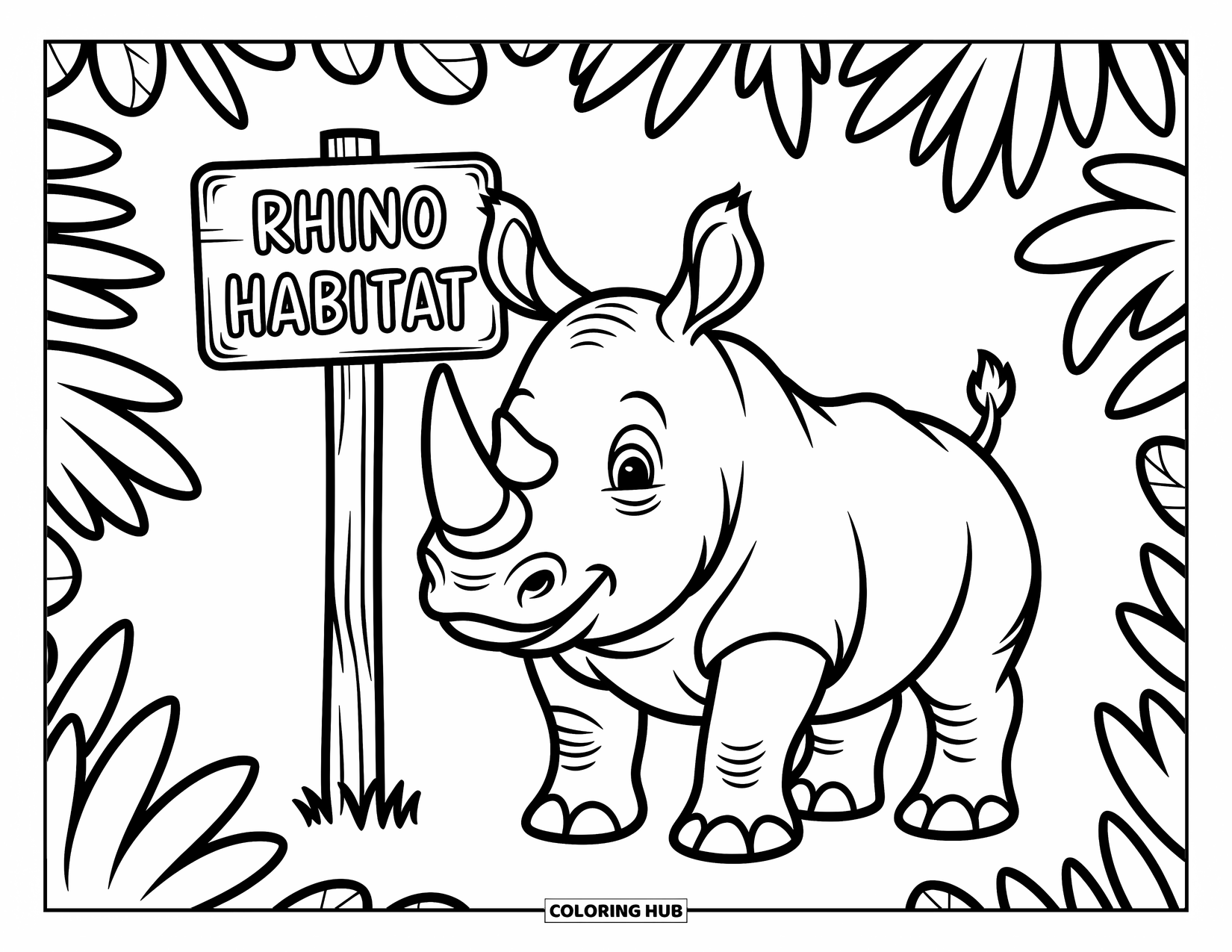 Zoo Coloring Page for Kids: A rhino smiles near a Rhino Habitat post with soft leaves and happy little flowers