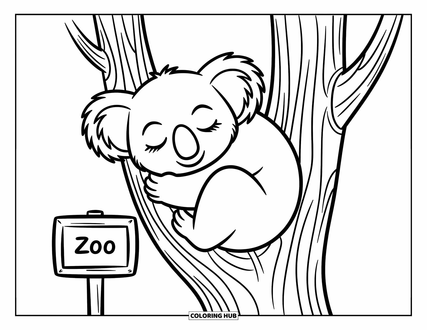 Zoo Coloring Page for Kids: A sleepy koala curls on a tree trunk next to a small zoo sign