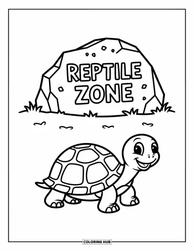 Tegning af zoo til børn: En lille skildpadde bevæger sig mod en Reptile Zone-sten med et glad lille skridt