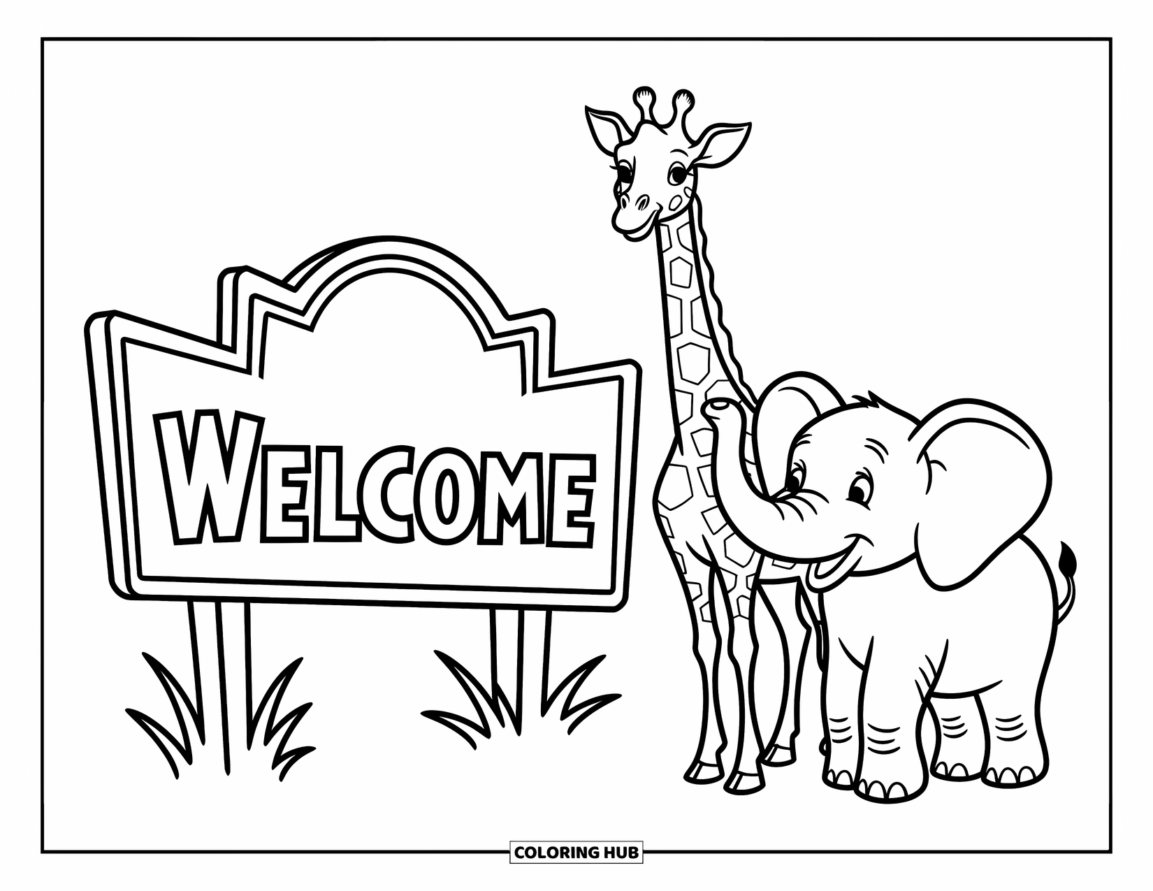 Zoo Coloring Page for Kids: A smiling giraffe and elephant stand beside a playful zoo welcome sign