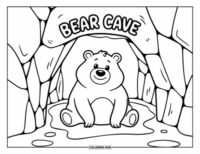 Tegning af zoo til børn: En blød, søvnig bjørn sidder trygt i sin hule under Bear Cave-skiltet