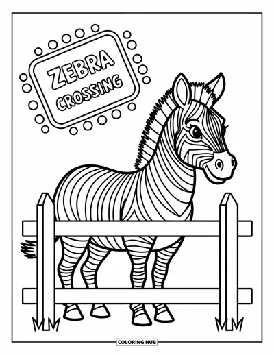 Tegning af zoo til børn: En stribet zebra står bag et træhegn med et sjovt Zebra Crossing-skilt i nærheden